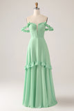 Spaghetti Straps Green Corset A Line Long Bridesmaid Dress