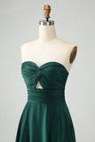 Dark Green Strapless Pleated A Line Satin Long Bridesmaid Dress