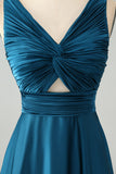 Ink Blue V Neck Pleated Hollow Out Satin Bridesmaid Dress