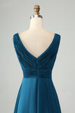 Ink Blue V Neck Pleated Hollow Out Satin Bridesmaid Dress