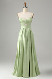 Green Satin A Line Lace Up Bridesmaid Dress with Slit