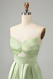 Green Satin A Line Lace Up Bridesmaid Dress with Slit