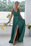 Dark Green Backless V-Neck Long Bridesmaid Dress With Side Slit
