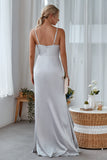 Silver Cowl Neck Satin Long Bridesmaid Dress With Side Slit