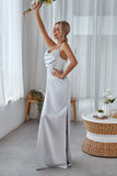 Silver Cowl Neck Satin Long Bridesmaid Dress With Side Slit
