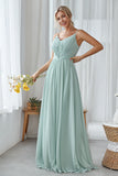 Mint Green A Line V Neck Long Pleated Bridesmaid Dress