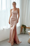 Blush Pink Mermaid Sequined Long Bridesmaid Dress With Side Slit