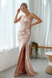Blush Pink Mermaid Sequined Long Bridesmaid Dress With Side Slit