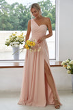 Peach One Shoulder Chiffon Long Bridesmaid Dress With Side Slit