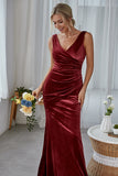 Burgundy Sheath Velvet Long Bridesmaid Dress