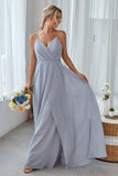 Silver A-Line V Neck Chiffon Long Bridesmaid Dress