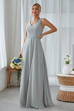 Silver A Line Chiffon Long Bridesmaid Dress With Pockets