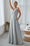 Silver A Line Chiffon Long Bridesmaid Dress With Pockets