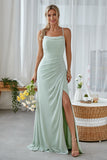 Mint Green Open Back Sheath Long Bridesmaid Dress With Split