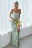 Mint Green Open Back Sheath Long Bridesmaid Dress With Split