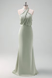 Leely Women Dusty Sage Long Bridesmaid Dress Halter Sheath Satin Formal Dress