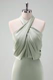 Dusty Sage Halter Sheath Satin Long Bridesmaid Dress