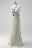 Elegant Dusty Sage Halter Sheath Satin Bridesmaid Dress with Open Back