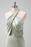 Elegant Dusty Sage Halter Sheath Satin Bridesmaid Dress with Open Back