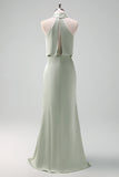 Dusty Sage Halter Sheath Satin Long Bridesmaid Dress