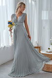 Dolphin Grey A Line V Neck Pleated Long Bridesmaid Dress