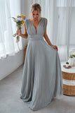 Dolphin Grey A Line V Neck Pleated Long Bridesmaid Dress