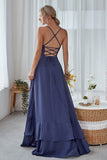 Slate Blue A Line Ruffles Long Bridesmaid Dress With Split