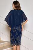 Navy Cap Sleeves Applique Sheath Mother of the Bride Dress with Wrap