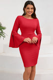 Bodycon Pink Round Neck Midi Cocktail Dress with Trumpet Sleeves