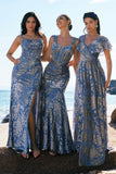 Grey Blue A-Line Floral Printed Burnout Velvet Bridesmaid Dress with Sash