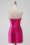 Stylish Fuchsia Bodycon Strapless Satin Corset Short Prom Dress