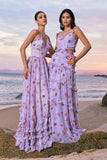 Grey Purple Halter Floral Ruffled A-Line Bridesmaid Dress with Slit