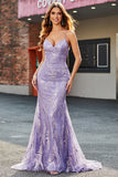 Sparkly Lilac Mermaid Spaghetti Straps Long Prom Dress With Beading