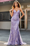 Sparkly Lilac Mermaid Spaghetti Straps Long Prom Dress With Beading