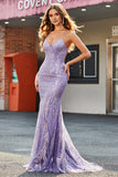 Sparkly Lilac Mermaid Spaghetti Straps Long Prom Dress With Beading