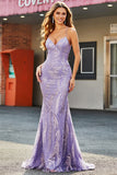 Sparkly Lilac Mermaid Spaghetti Straps Long Prom Dress With Beading