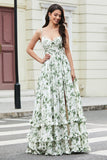 Green Ruffled A-Line Floral Bridesmaid Dress with Slit