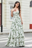 Green Ruffled A-Line Floral Bridesmaid Dress with Slit