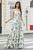 Green Ruffled A-Line Floral Bridesmaid Dress with Slit