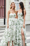 Green Ruffled A-Line Floral Bridesmaid Dress with Slit