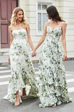 Green Ruffled A-Line Floral Bridesmaid Dress with Slit