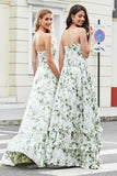 Green Ruffled A-Line Floral Bridesmaid Dress with Slit