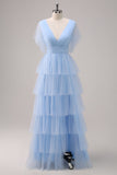 Grey Blue Ruffles Tiered A-Line Tulle Bridesmaid Dress with Slit