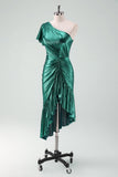 Dark Green Metallic One Shoulder Mermaid Asymmetircal Cocktail Dress with Ruffles