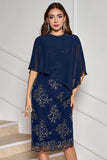 Navy Cap Sleeves Applique Sheath Mother of the Bride Dress with Wrap