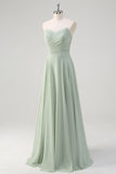 Matcha Strapless Ruched A-Line Chiffon Bridesmaid Dress