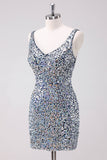 Sparkly Silver Bodycon V-Neck Short Prom Dress with Sequins