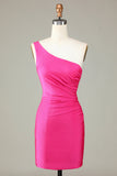 One Shoulder Style Short Bodycon Fuchsia Prom Dress