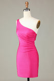 One Shoulder Style Short Bodycon Fuchsia Prom Dress