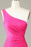 One Shoulder Style Short Bodycon Fuchsia Prom Dress